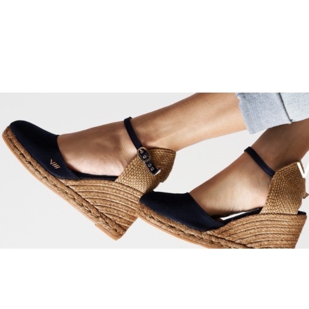 Viscata Barcelona Navy Blue Canvas Espadrille Wedges Ankle Strap Made in Spain